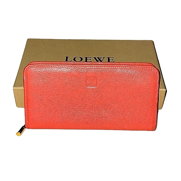 LOEWE CORAL ORANGE LONG LEATHER WALLET WITH BOX PRISTINE CONDITION